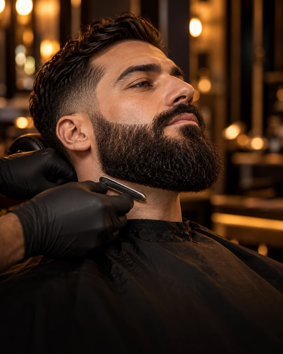 Homem com barba volumosa e contornos alinhados